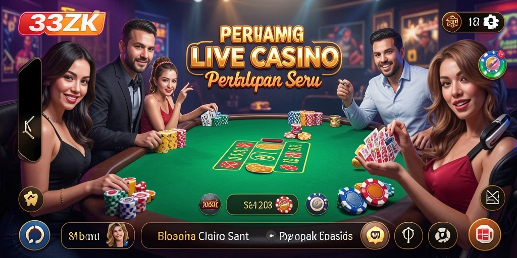 Screenshot gameplay <strong>33ZK</strong> menampilkan dealer langsung dan suasana permainan yang menarik.