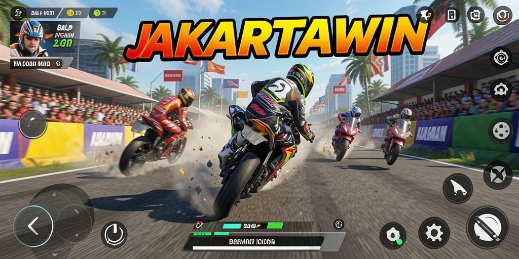 Tampilan seru gameplay JAKARTAWIN dalam balapan motor.