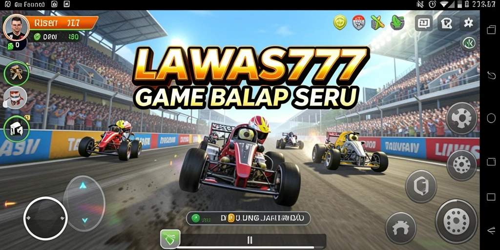 Screenshot gameplay LAWAS777 yang menunjukkan balapan intens dan mobil keren.