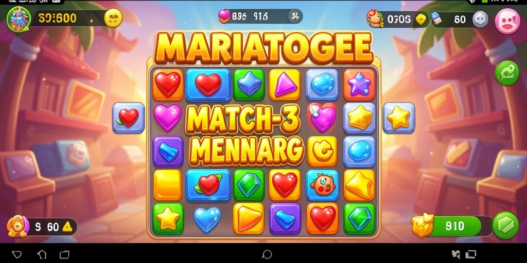 Screenshot gameplay MARIATOGEL dengan simbol Match-3 yang berwarna-warni.