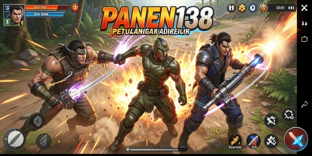 Tampilan dinamis gameplay aksi PANEN138 saat karakter bertarung melawan musuh.