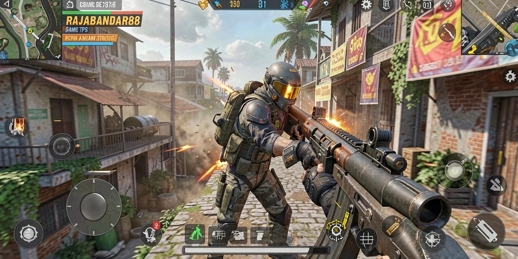 Screenshot gameplay RAJABANDAR88 dengan aksi tembak-menembak yang seru.