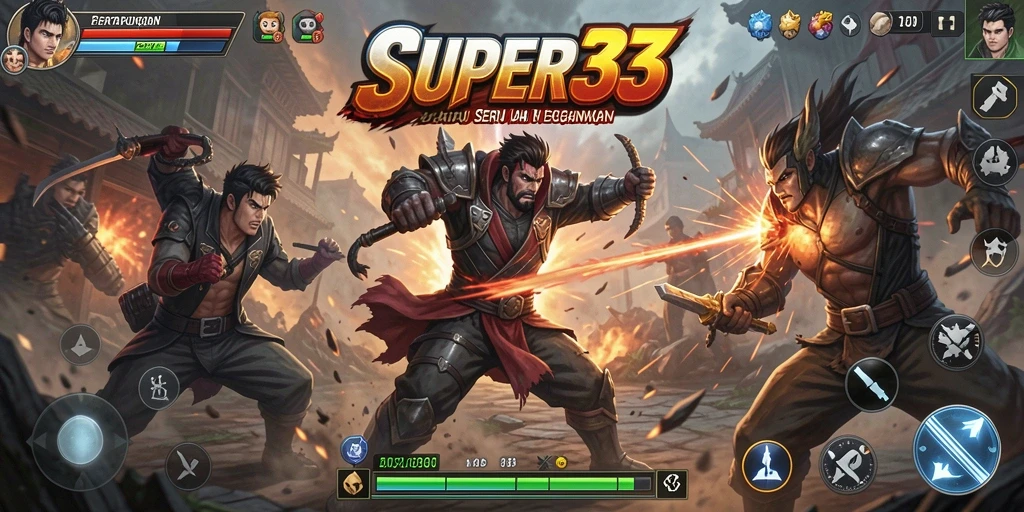 Tampilan gameplay SUPER33 yang intens dan penuh aksi.