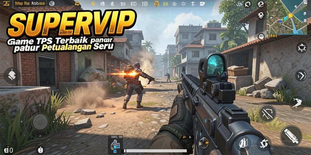 Screenshot gameplay SUPERVIP menampilkan aksi seru dalam pertempuran TPS.